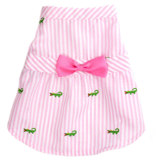 Pink Stripe Alligator Dress: Pink/White / Small