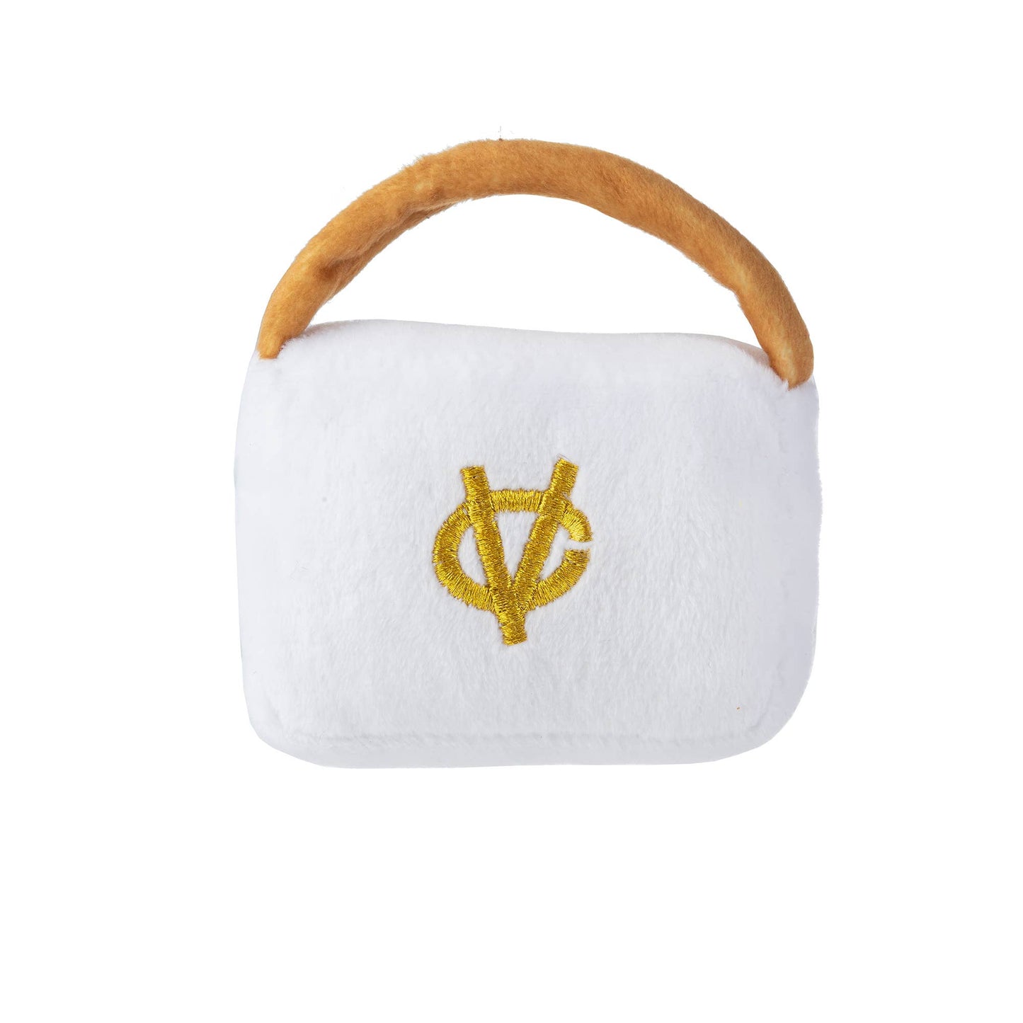 White Chewy Vuiton Purses Squeaker Dog Toy: Large