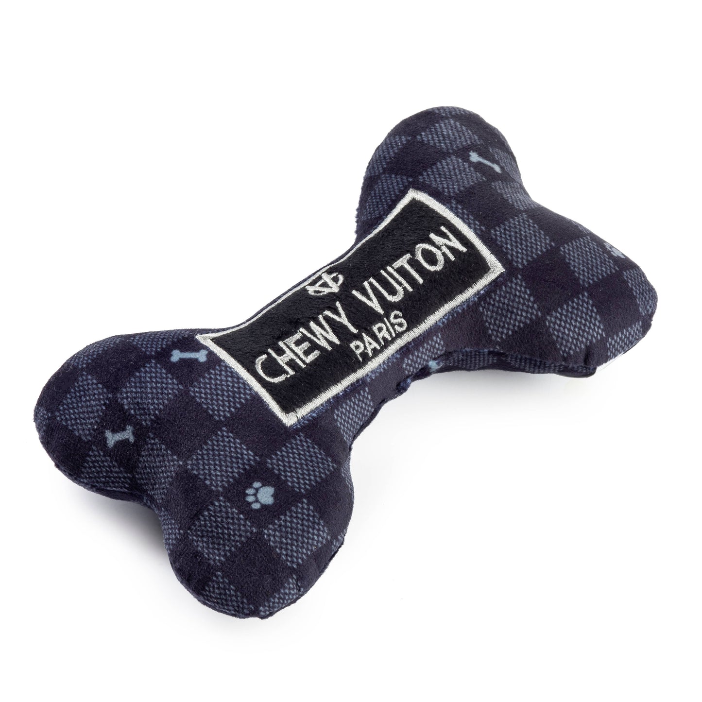 Black Checker Chewy Vuiton Bone Squeaker Dog Toy: XL