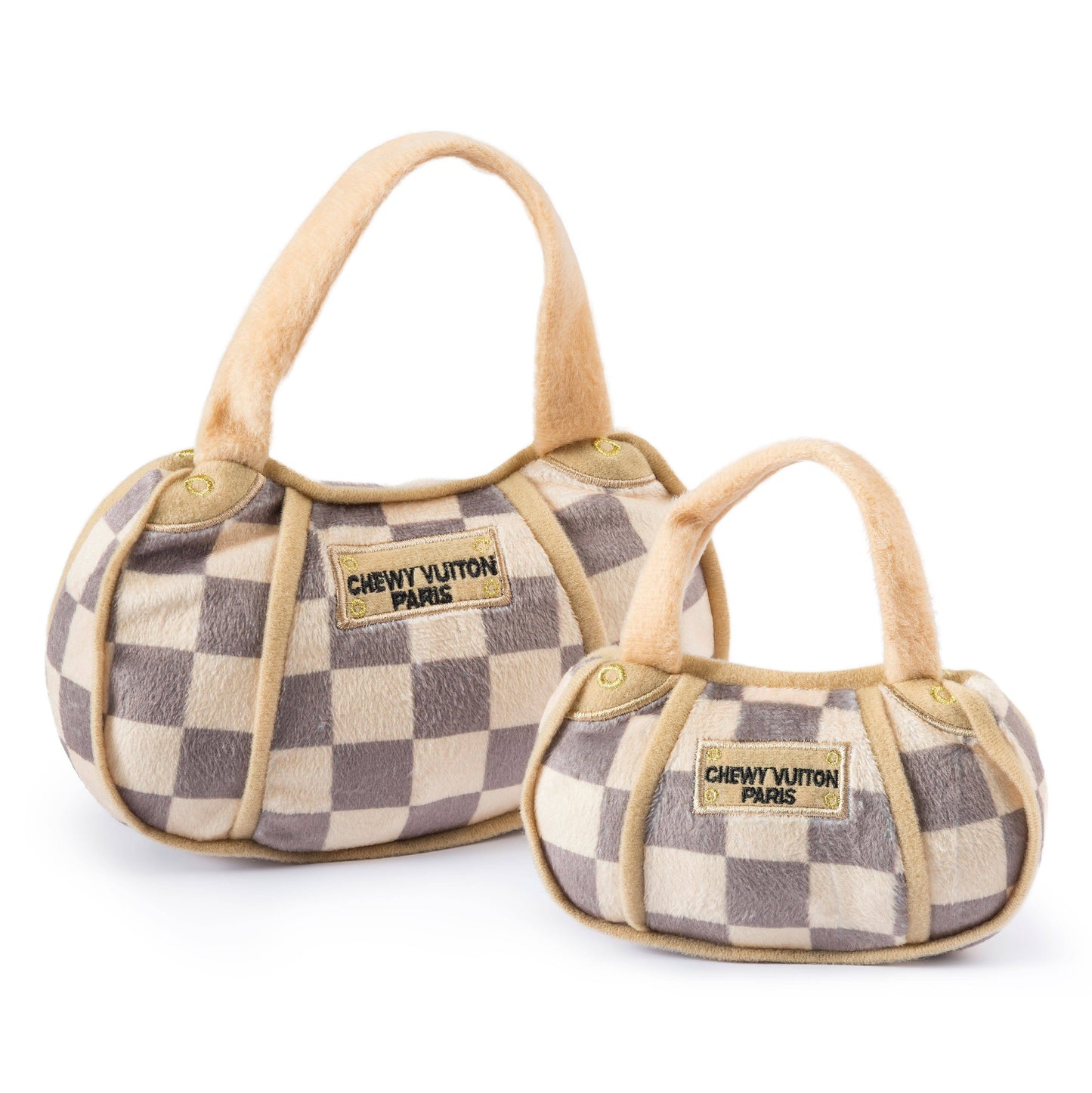 Tan Checker Chewy Vuiton Handbag Squeaker Dog Toy: Large