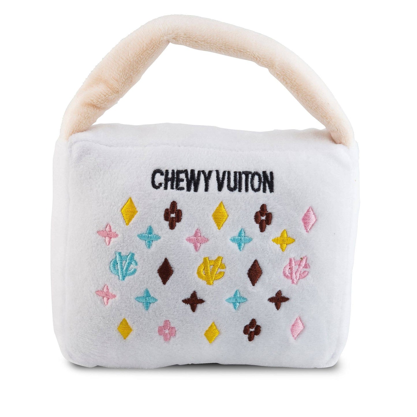 White Chewy Vuiton Purses Squeaker Dog Toy: Large