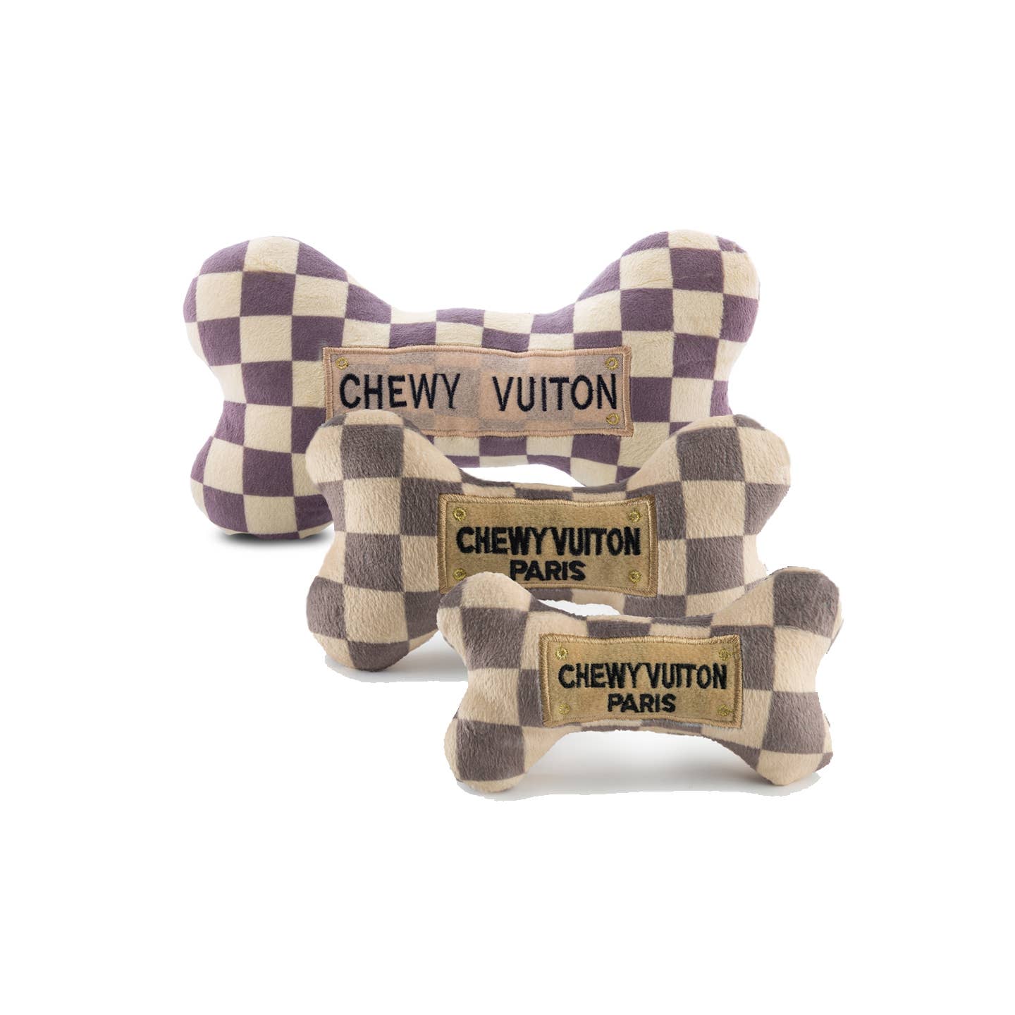 Tan Checker Chewy Vuiton Bones Squeaker Dog Toy: Small / Mini