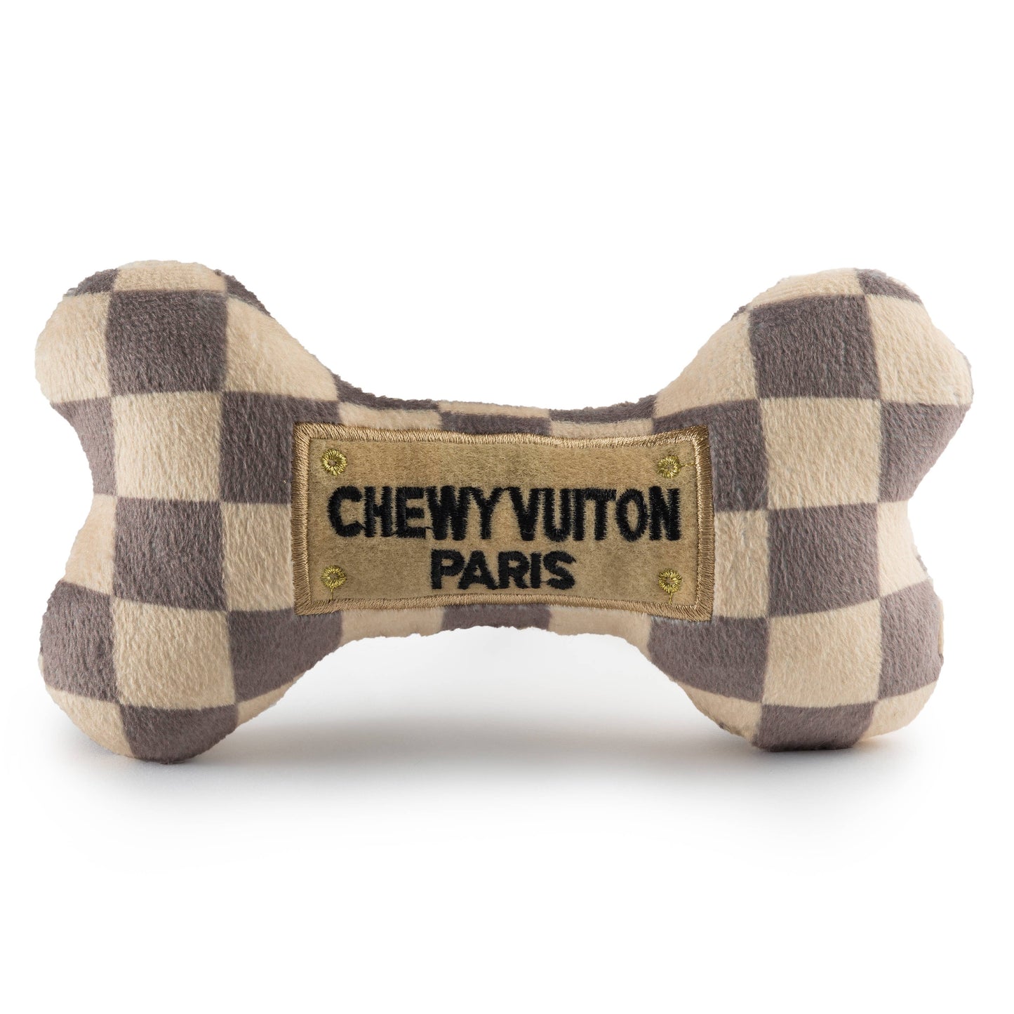 Tan Checker Chewy Vuiton Bones Squeaker Dog Toy: Large