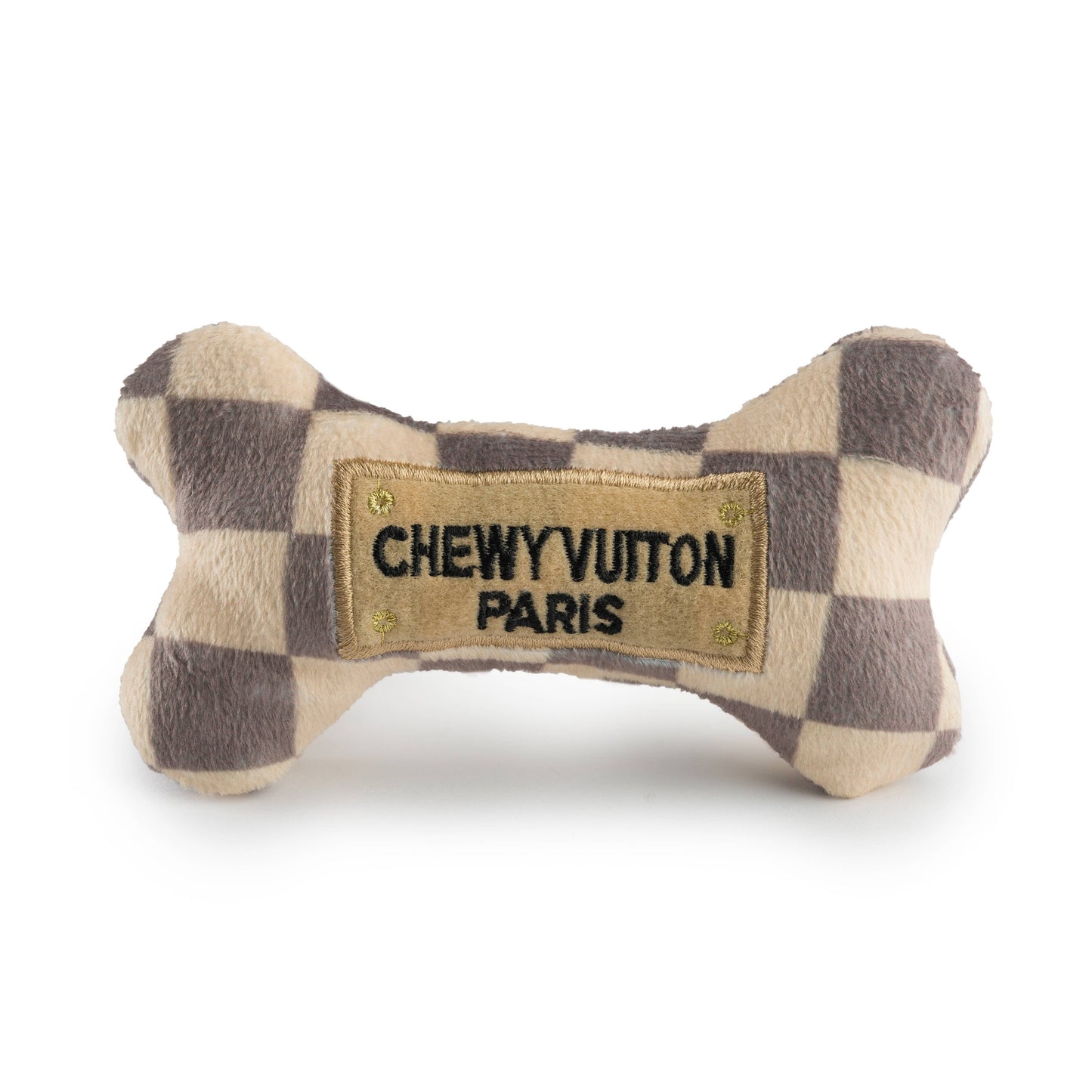 Tan Checker Chewy Vuiton Bones Squeaker Dog Toy: Small / Mini
