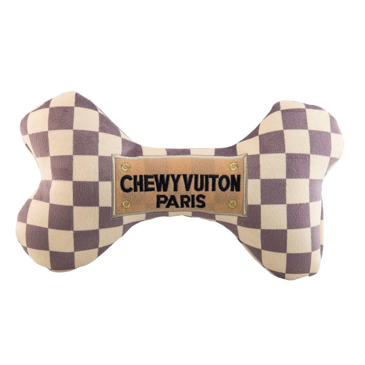 Tan Checker Chewy Vuiton Bones Squeaker Dog Toy: Small / Mini