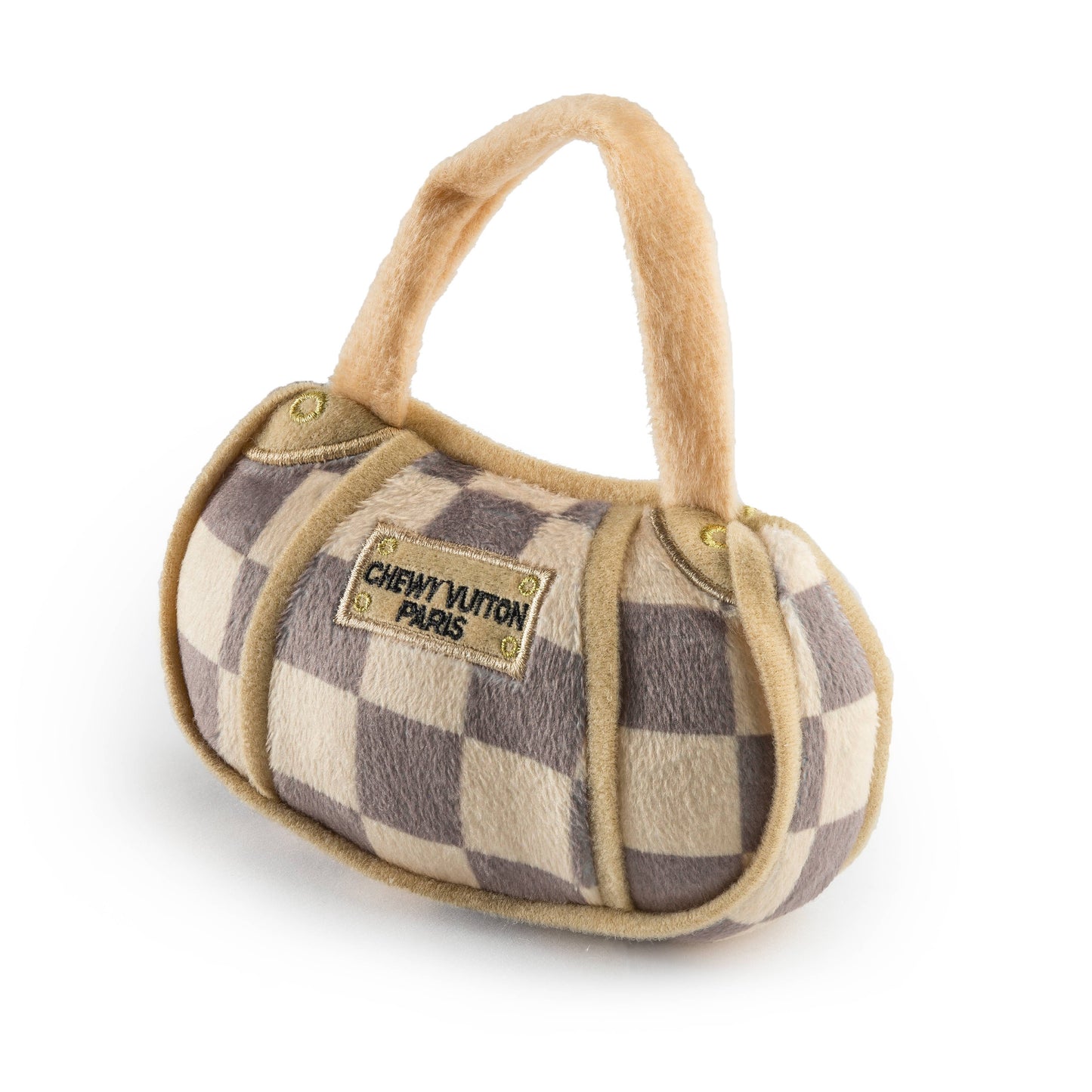 Tan Checker Chewy Vuiton Handbag Squeaker Dog Toy: Large