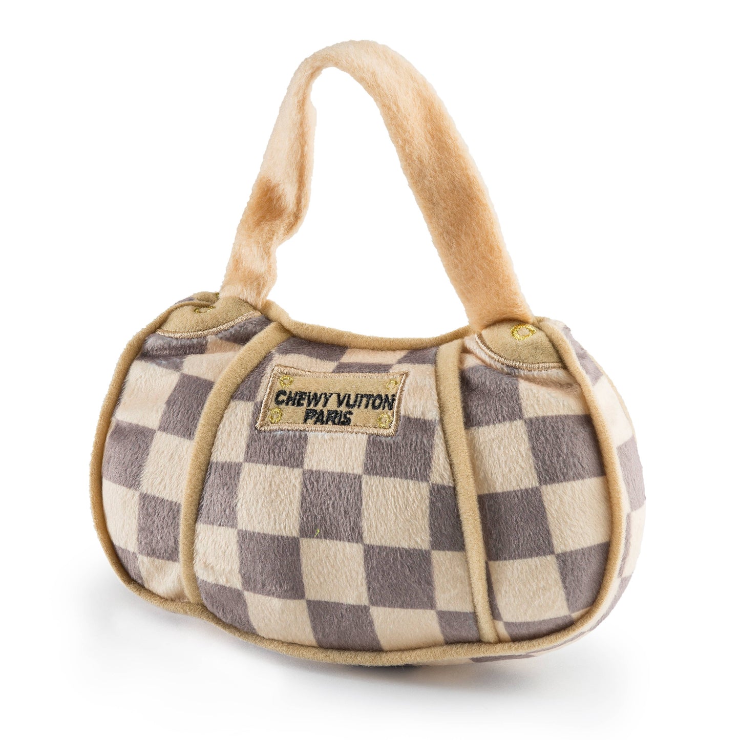 Tan Checker Chewy Vuiton Handbag Squeaker Dog Toy: Large