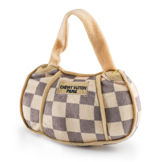 Tan Checker Chewy Vuiton Handbag Squeaker Dog Toy: Large