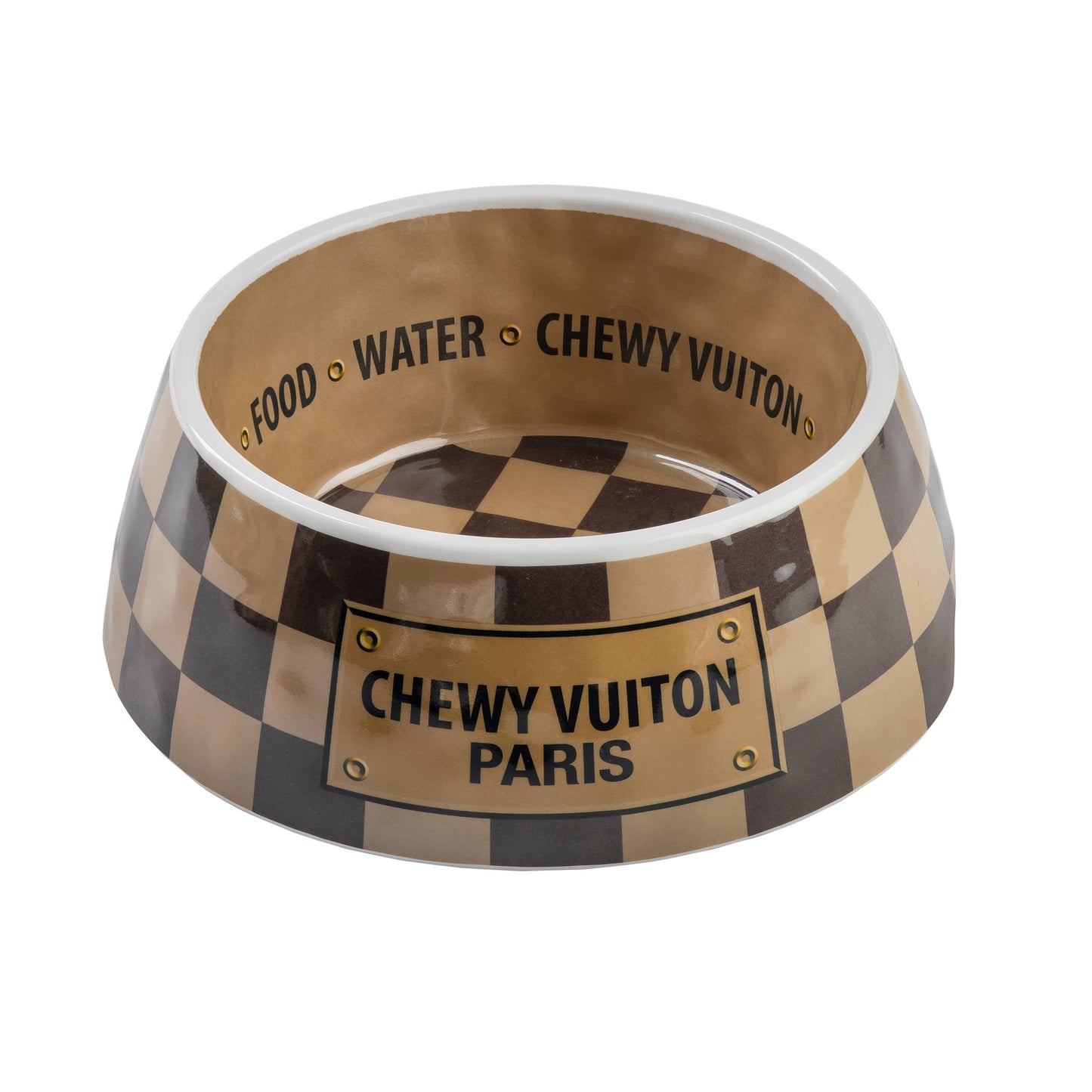 Tan Checker Chewy Vuiton Bowl - 3 Sizes!! Dog Bowls: Large