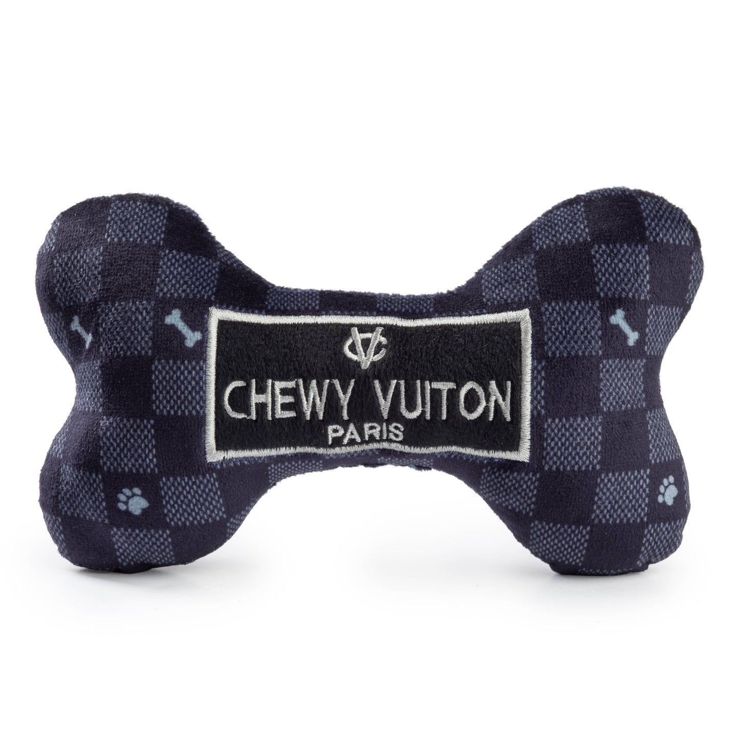 Black Checker Chewy Vuiton Bone Squeaker Dog Toy: XL