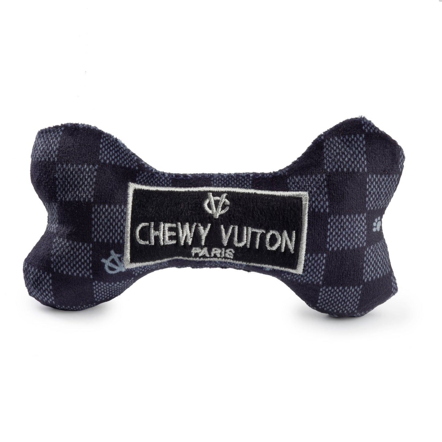 Black Checker Chewy Vuiton Bone Squeaker Dog Toy: XL