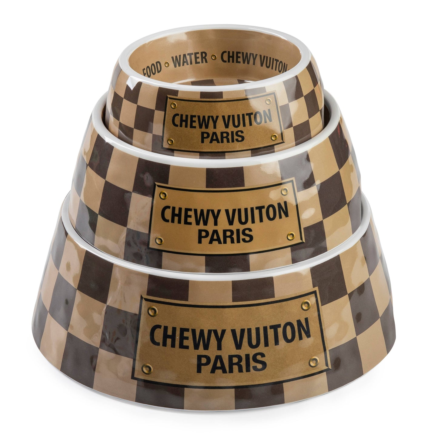 Tan Checker Chewy Vuiton Bowl - 3 Sizes!! Dog Bowls: Small