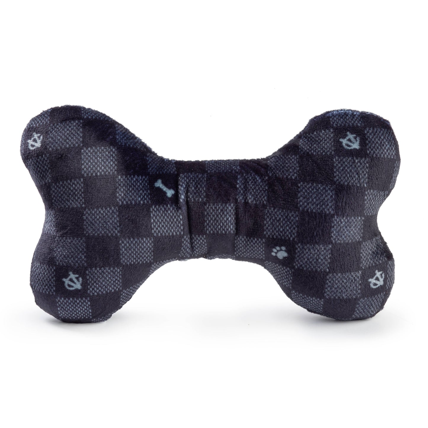 Black Checker Chewy Vuiton Bone Squeaker Dog Toy: XL