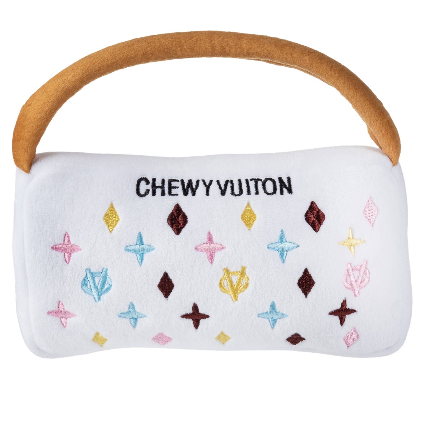 White Chewy Vuiton Purses Squeaker Dog Toy: Small / Mini