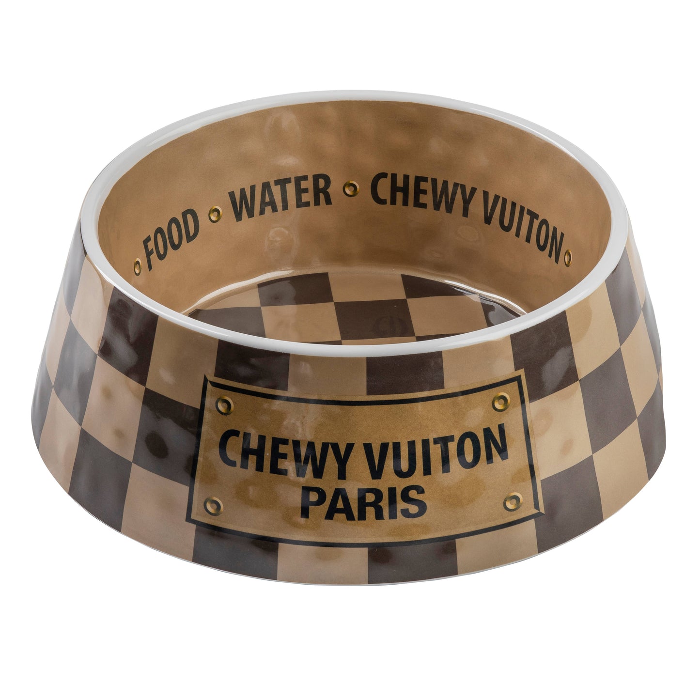 Tan Checker Chewy Vuiton Bowl - 3 Sizes!! Dog Bowls: Medium
