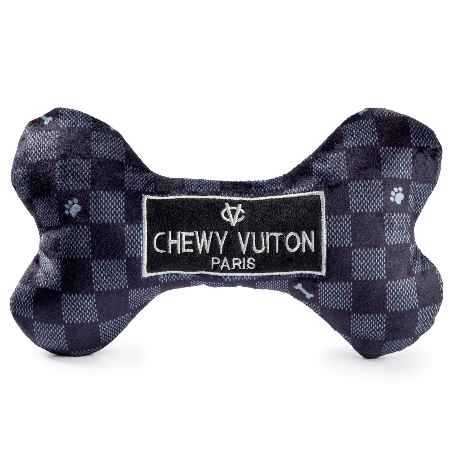 Black Checker Chewy Vuiton Bone Squeaker Dog Toy: XL