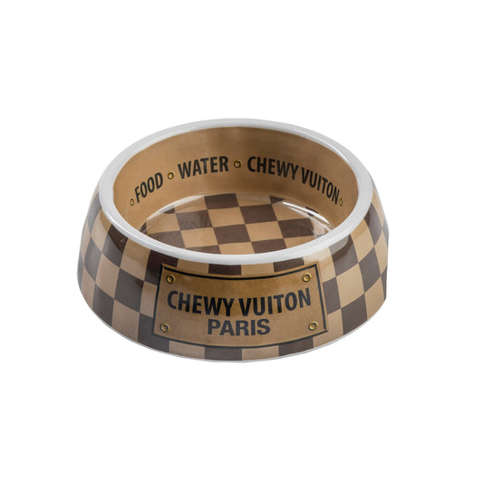 Tan Checker Chewy Vuiton Bowl - 3 Sizes!! Dog Bowls: Small