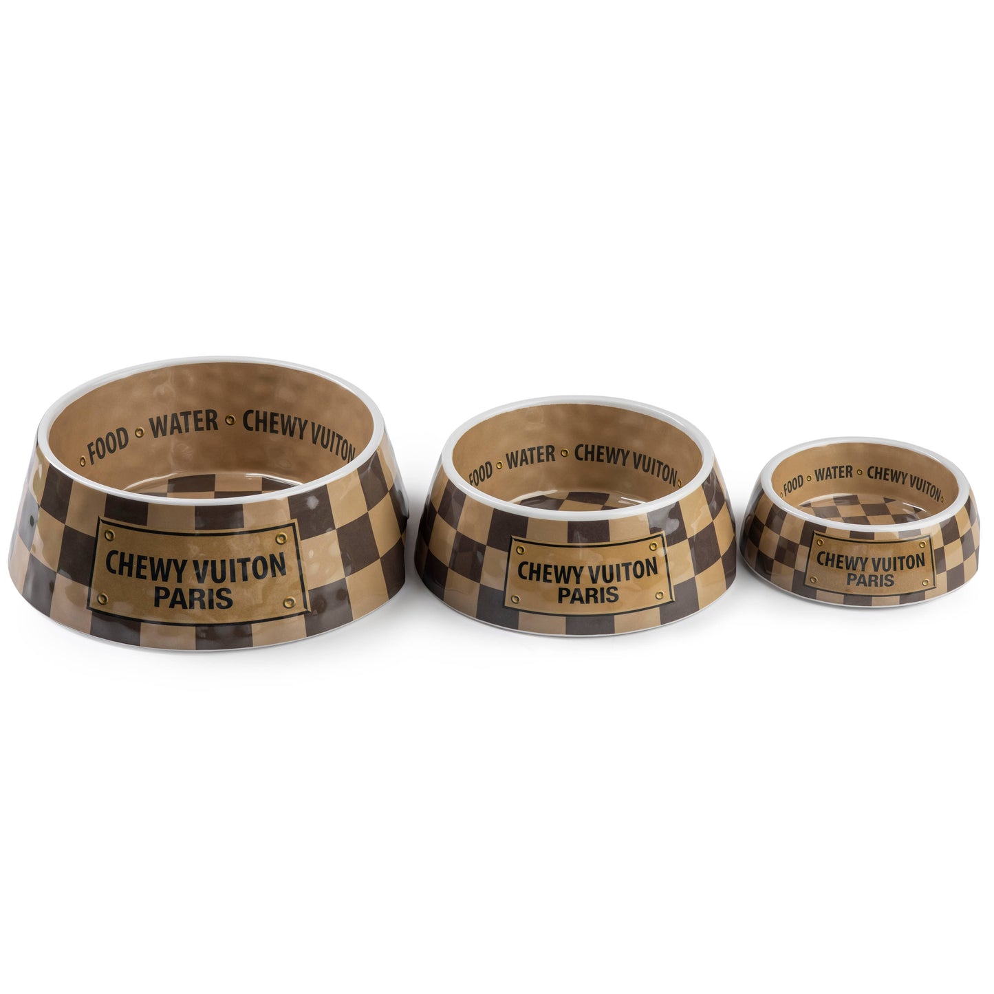 Tan Checker Chewy Vuiton Bowl - 3 Sizes!! Dog Bowls: Medium