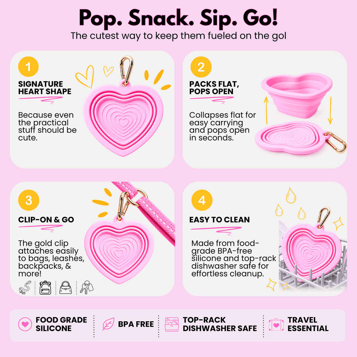 Pink Papyrus | Premium, Durable, & Stylish Dog Products - Bubblegum Heart Collapsible Bowl | Pink Travel Pet Bowl