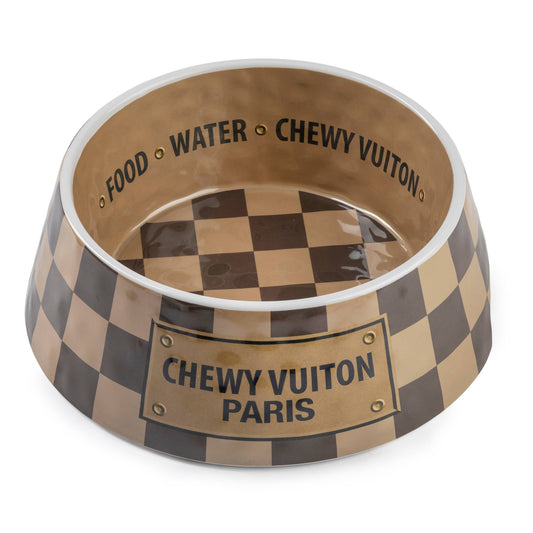Tan Checker Chewy Vuiton Bowl - 3 Sizes!! Dog Bowls: Large