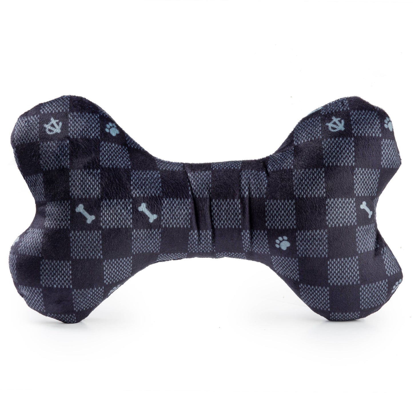 Black Checker Chewy Vuiton Bone Squeaker Dog Toy: XL