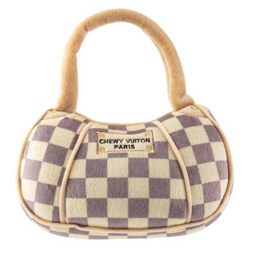 Tan Checker Chewy Vuiton Handbag Squeaker Dog Toy: Large