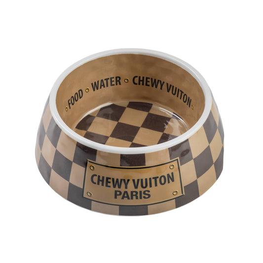 Tan Checker Chewy Vuiton Bowl - 3 Sizes!! Dog Bowls: Medium