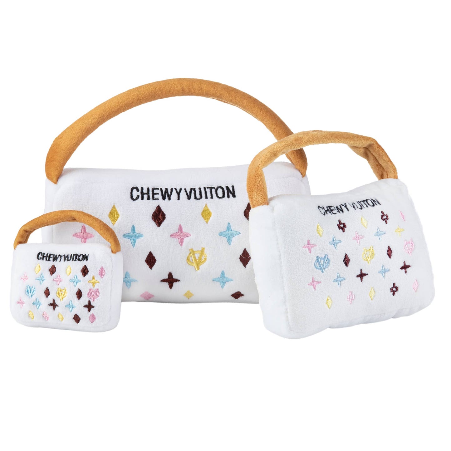 White Chewy Vuiton Purses Squeaker Dog Toy: Large
