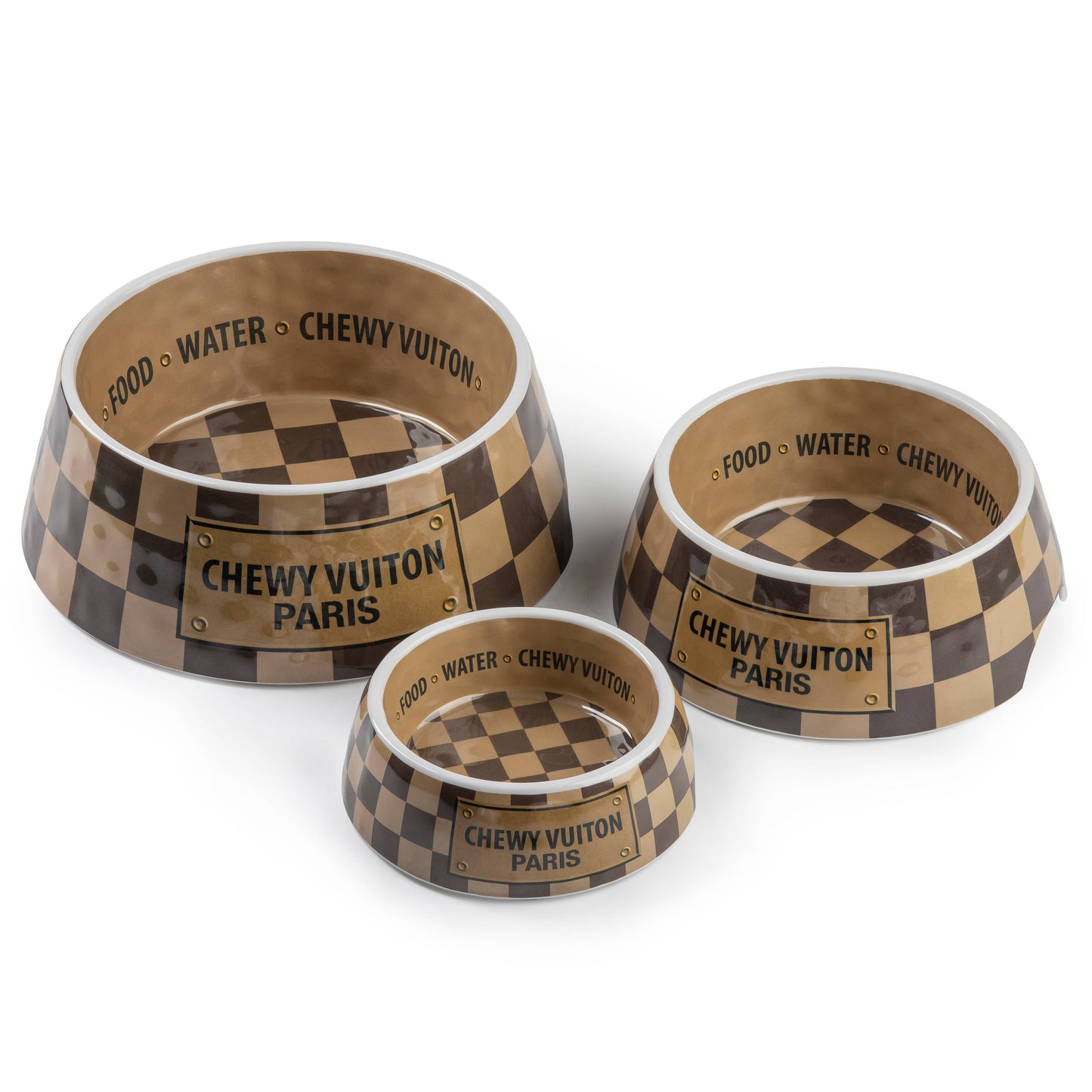 Tan Checker Chewy Vuiton Bowl - 3 Sizes!! Dog Bowls: Small