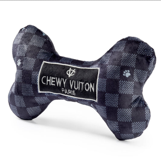 Black Checker Chewy Vuiton Bone Squeaker Dog Toy: XL